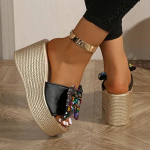 QuiteS New 2026 Plus Size Summer Bowknot Sequins High Top Wedge Heel Mesh Lining Outdoor Beach Shoes Casual Sandals for Women