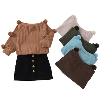 2020 new arrival solid pom pom sweater matching winter skirt girls boutique sets children clothes