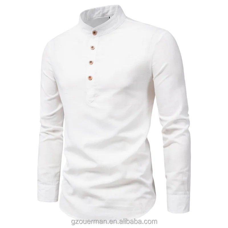 New Fashion Men Spring Cotton Linen Pure Color Button Mandarin Collar ...