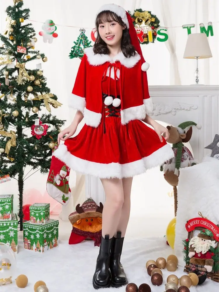 Red Velvet Christmas Dress With Xmas Shawl Hat Women Girl Fancy Party Dress  Suit Cosplay Santa Claus Costume Lace up