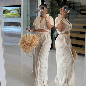 HK7590 Trendy Two Piece Pants Set Strip Short Sleeve Shirt and High Waist Drawstring Wide Leg Pants Set Summer Outfits for Women
