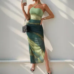 Elegant Women's Summer Green Midi Dress Eco-Friendly Y2K Style Natural Waistline Digital Sexy Mesh Back Strapless Design
