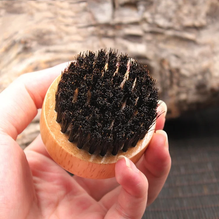 Factory wholesale rubber wood material round shape pure boar bristle mini beard cleaning brush boar bristle