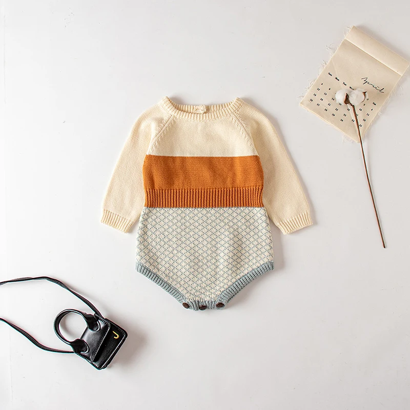 Spring Autumn Knitting Baby Boys Girls Patchwork Romper Toddler Baby
