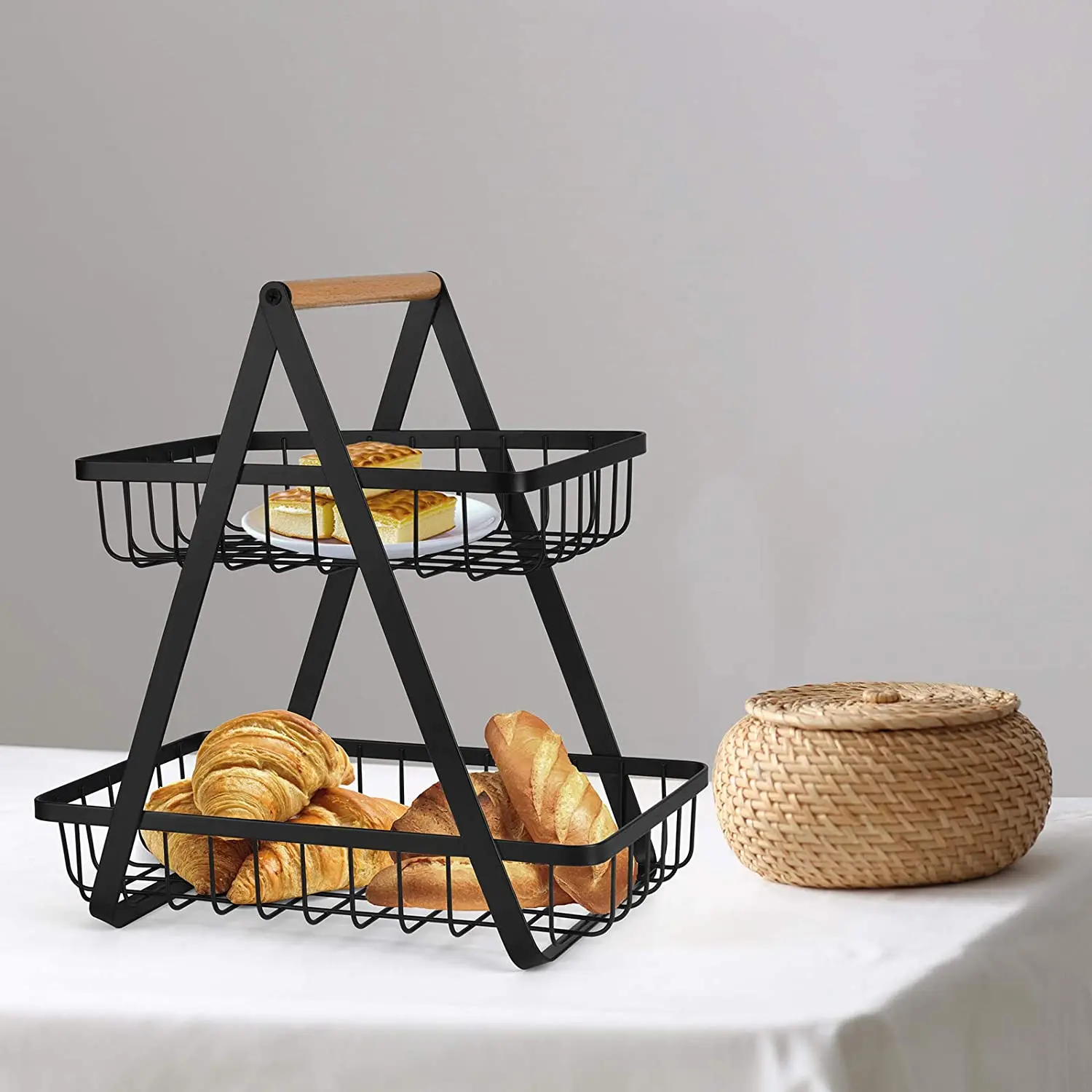 Lot De 2 Paniers De Rangement En Fil Métallique Noir - 28 X 22 X 12 Cm - Pour Salle De Bain, Cuisine, Bureau - Design Ouvert Avec Poignées