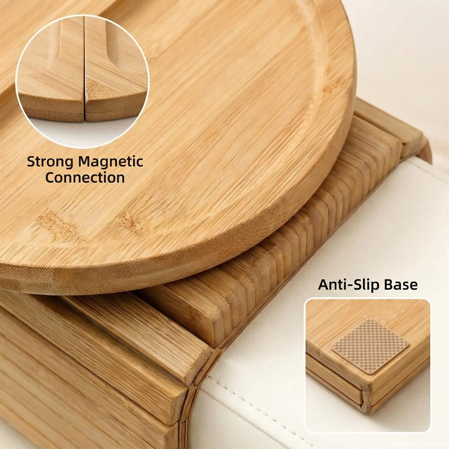 product bamboo sofa armrest tray foldable couch arm table 2 in 1 magnetic rotating couch side tray  sofa arm snack drink tray anti slip-6