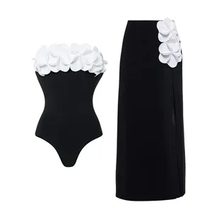 Swimwear New 3D Flower Tube Top Black and White Contrast Color Two-Piece Swimsuit for Women