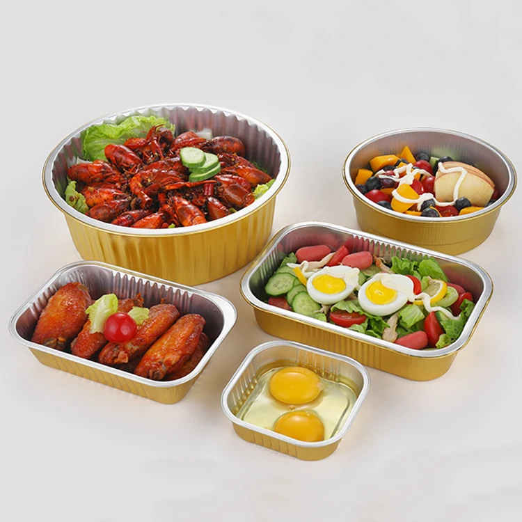 C090 90ml Kotak Makan Sekali Pakai Ramah Lingkungan Berbentuk Persegi Panjang dari Alumunium Foil Emas dengan Tutup Segel untuk Makanan Bawa Pulang