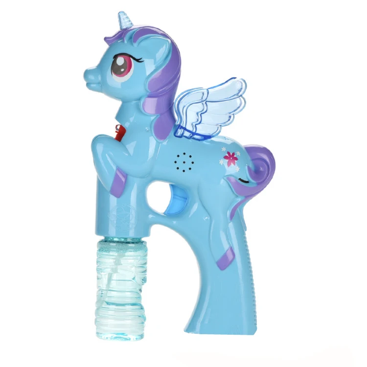 Бластер с изображением единорога со светом и звуком включает в себя 1 пузырьковый пистолет 2 бутылки Пузырькового решения для девочек