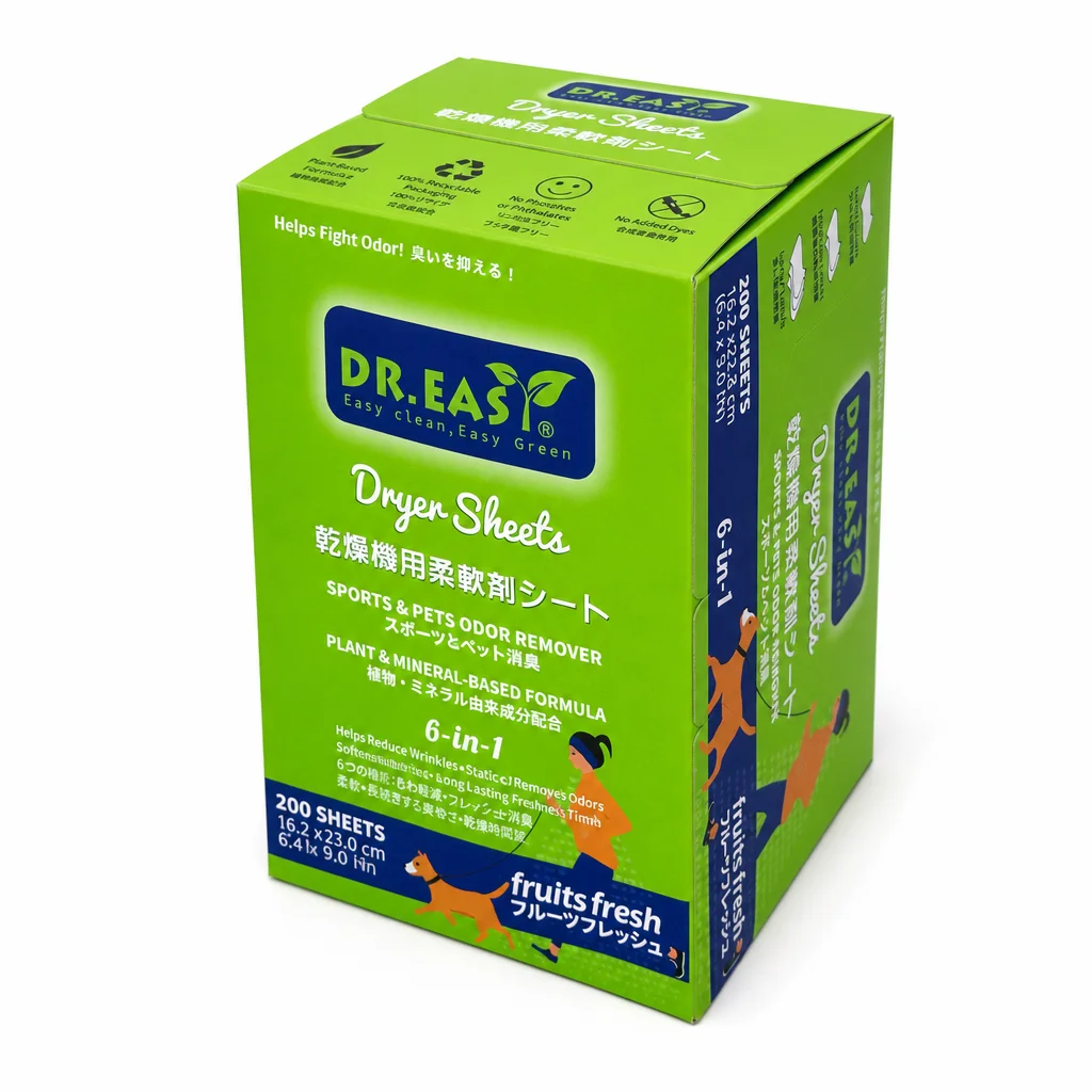 DR.EASY Sport Pets Odor Remover Eco-Friendly Dryer Sheets-6-in-1 Effect Fruits Fresh Fragrance Apparel Softener 30%-50% Active