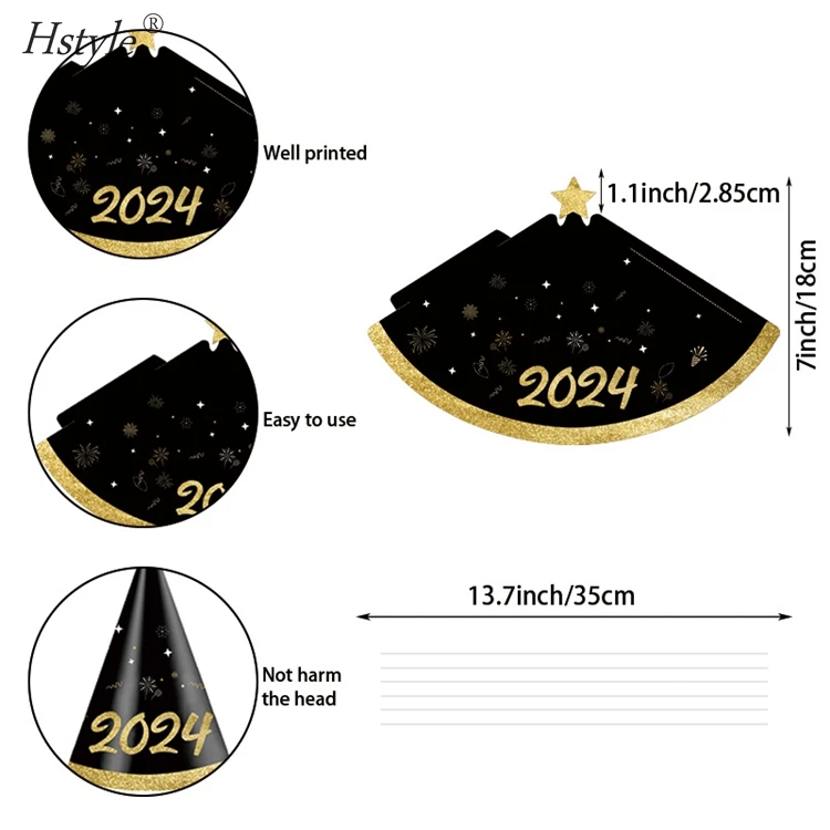12 Chapeaux De Fête Nouvel An 2024 - Cône Noir Et Or, Franges Ou étoiles, Hauteur 20 Cm, élastique Inclus
