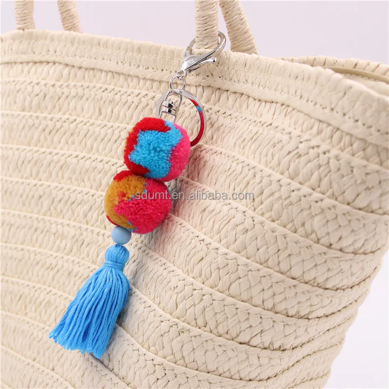 Boho Handmade Colorful Pom Pom Tassel Knotted Keychain Summer Beach Bag ...