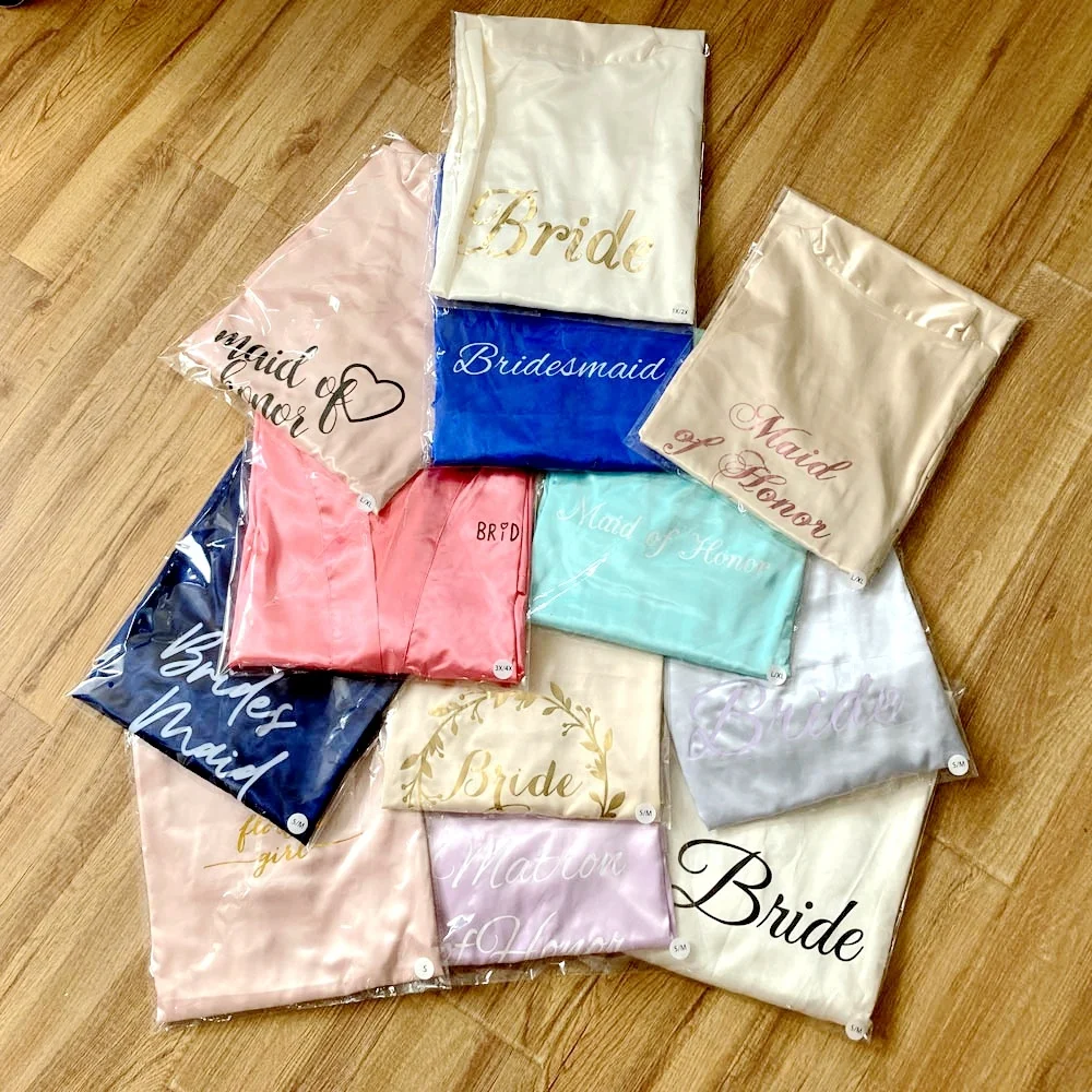 Custom With Print Embroidery Logo for Spa Wedding Bride Bridesmaids Bridal Party Silk Satin Kimono Women Robes Night Gown