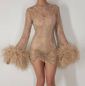 OEM 2025 Custom Summer Fashion Casual See Through Crystal Luxury Rhinestone Long Sleeve Bodycon Mini Women Sexy Club Party Dress