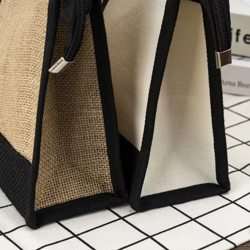 Custom Logo Makeup Bag Waterproof Canvas Jute Splicing Zipper Pouch Travel Toiletry Portable Storage Bag preview 5