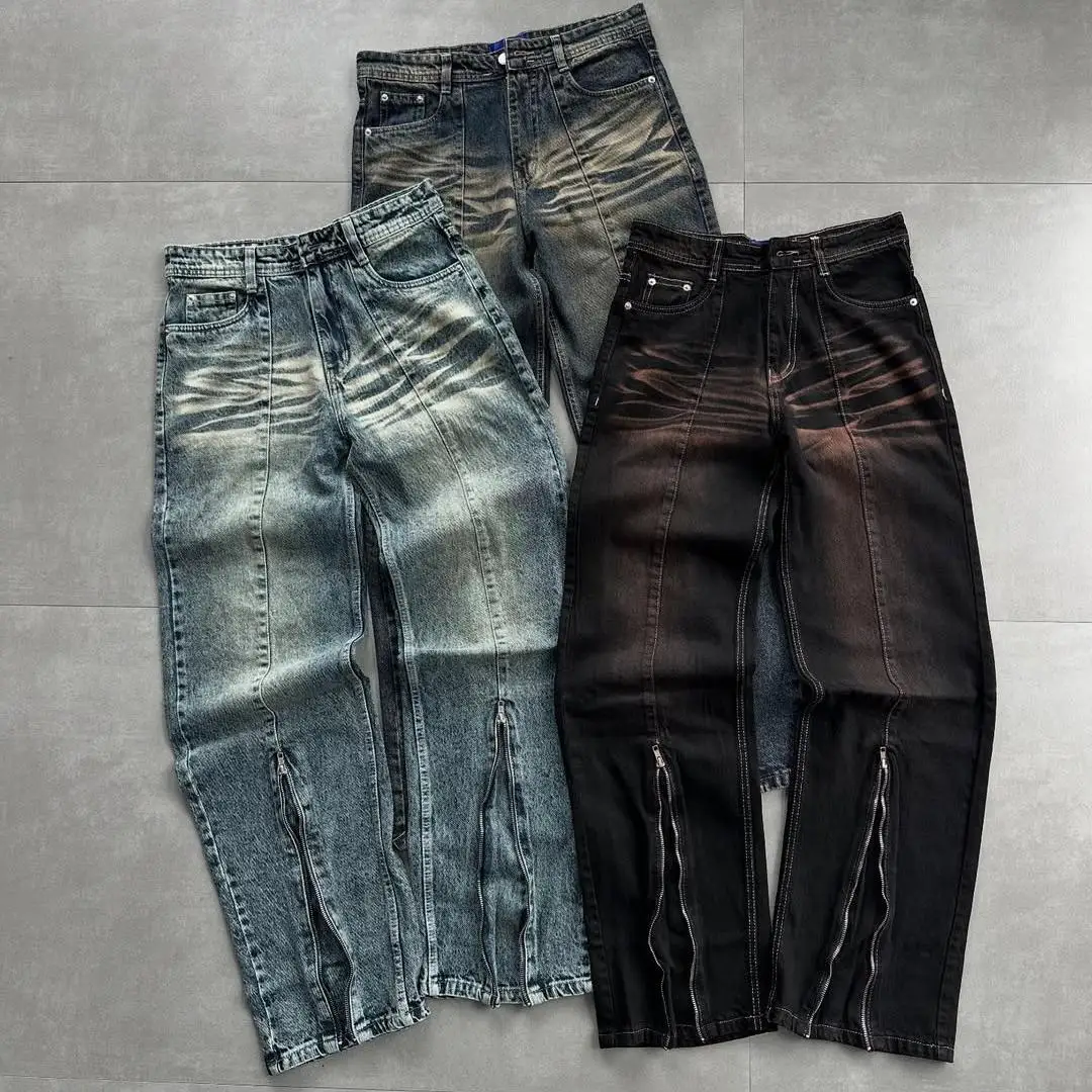 Dżinsy męskie w stylu distressed, z wysokim stanem, z guzikowym zamkiem, vintage’owe, wyblakłe, luźne, z podwiniętymi nogawkami, unisex