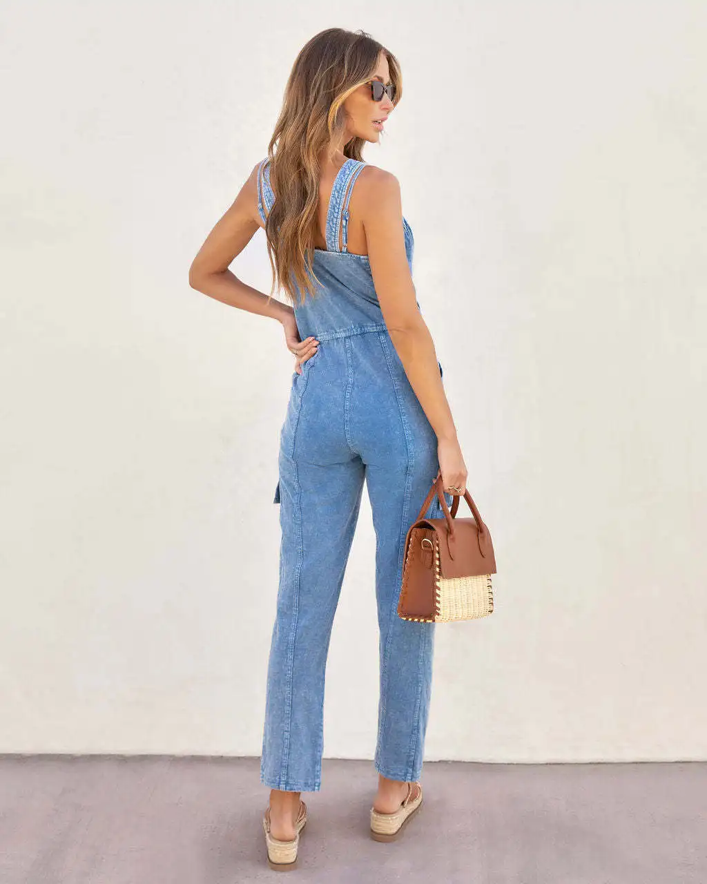 Female Blue Jean Jumpsuits With Pockets Women Denim Elastic Waist