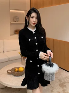 Bettergirl High-quality 2026 Spring New Knitted White Lace Round Neck Black Short Dress Slim Belt Long Sleeve Elegant Dress