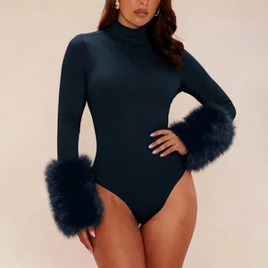 341 Fashion Women Clothing Boutique Sexy Fit Slim Long Sleeve With Fur Tops Women Skinny Bodycon Bodysuit for Women