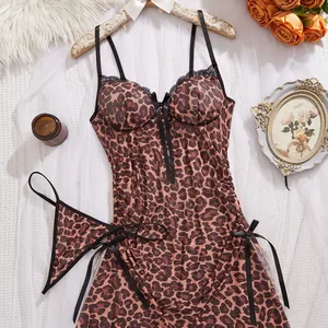 European and American New Comfortable and Breathable Leopard Print Lace Mesh Sexy Suspender Nightgown
