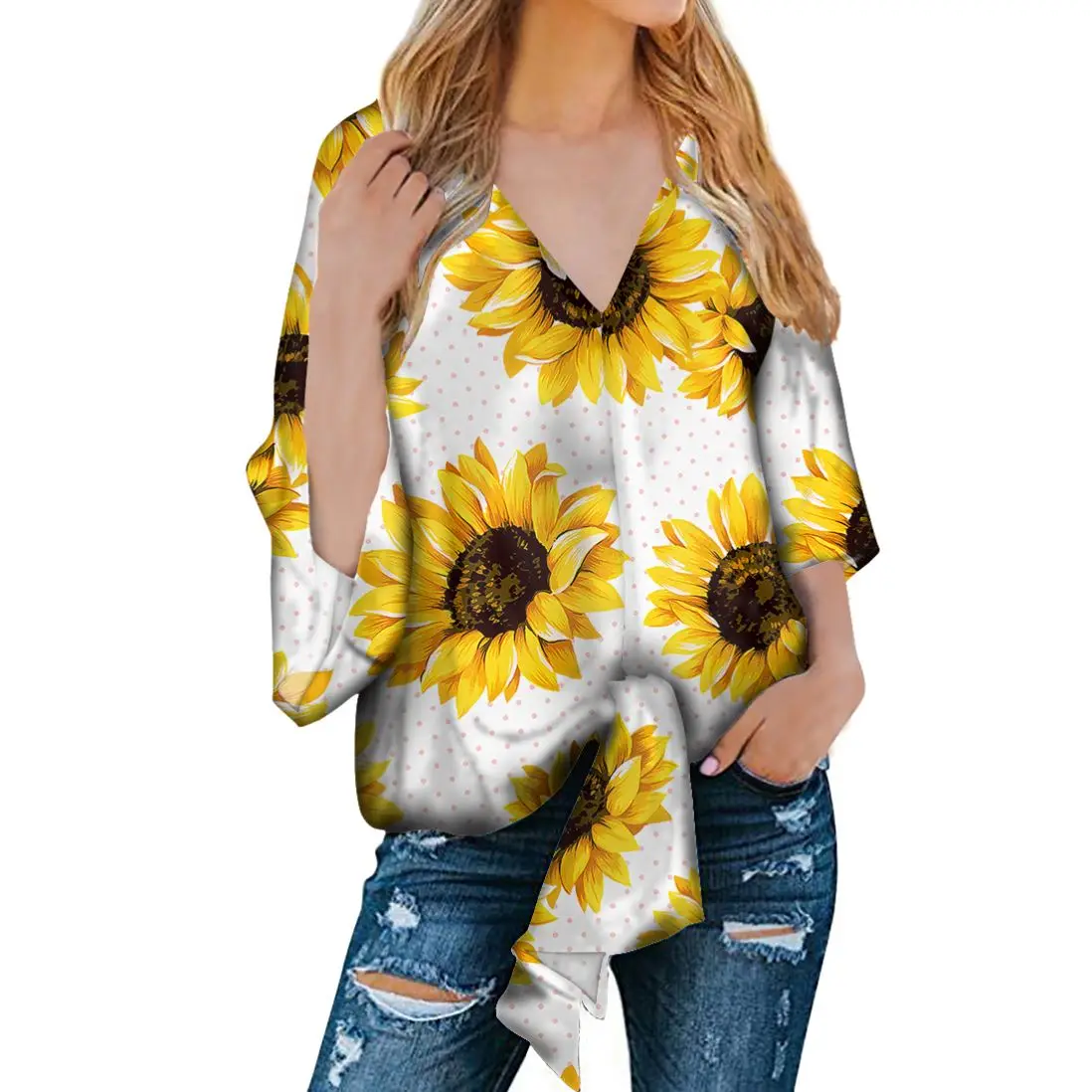 Hot Women V-neck Tops Floral Sunflower 