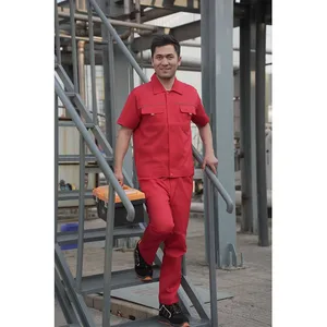 Factory Short Sleeve Quick Dry Safety Clothing Suit Unisex Anti-Static Anti-Wrinkle Wear-Resistant Red Acetate Workwear