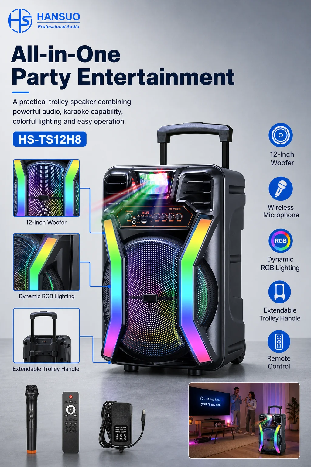 HANSUO HS-TS12H8 12 Inch Active Trolley Karaoke Party Speaker 4500mAh Battery for 5.3 Wireless Microphone USB LED Outdoor