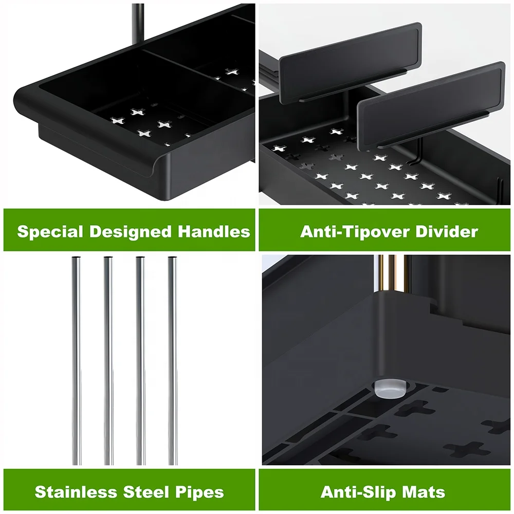 2 Tier Carbon Steel Spice Kitchen Rack Pull Out Sliding Shelf Under Sink Organizer for Kitchen Cabinet Storage Drawer