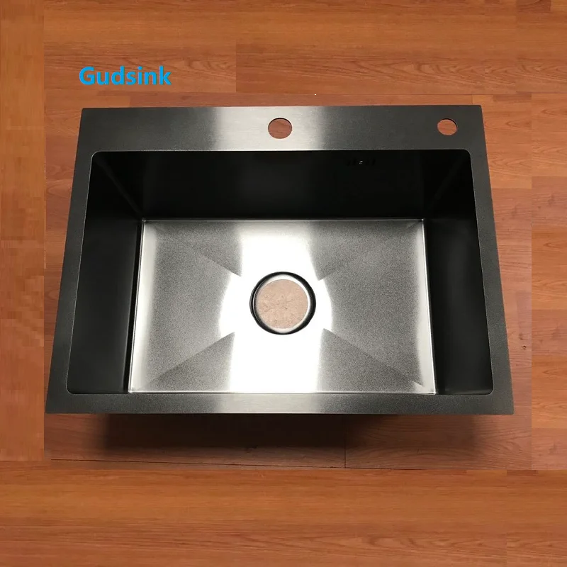 Gudsink 6045 Single Above Counter Farmhouse Sink Nano Sink Black Basin Stainless Steel Handmade Undermount Kitchen Sink Modern
