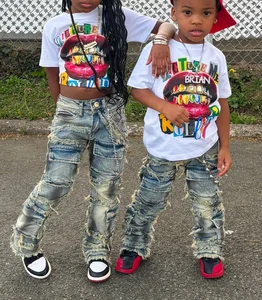 New Designer Vintage Washed Stacked Fashion Baby Clothes Patchwork Ragged Denim Jeans Pants and t Shirt Kids Clothing Sets