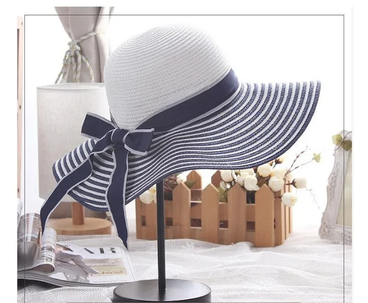 Striped Design Bowknot Band Floppy Wide Brim Straw Hat Beach Hats Women  Straw