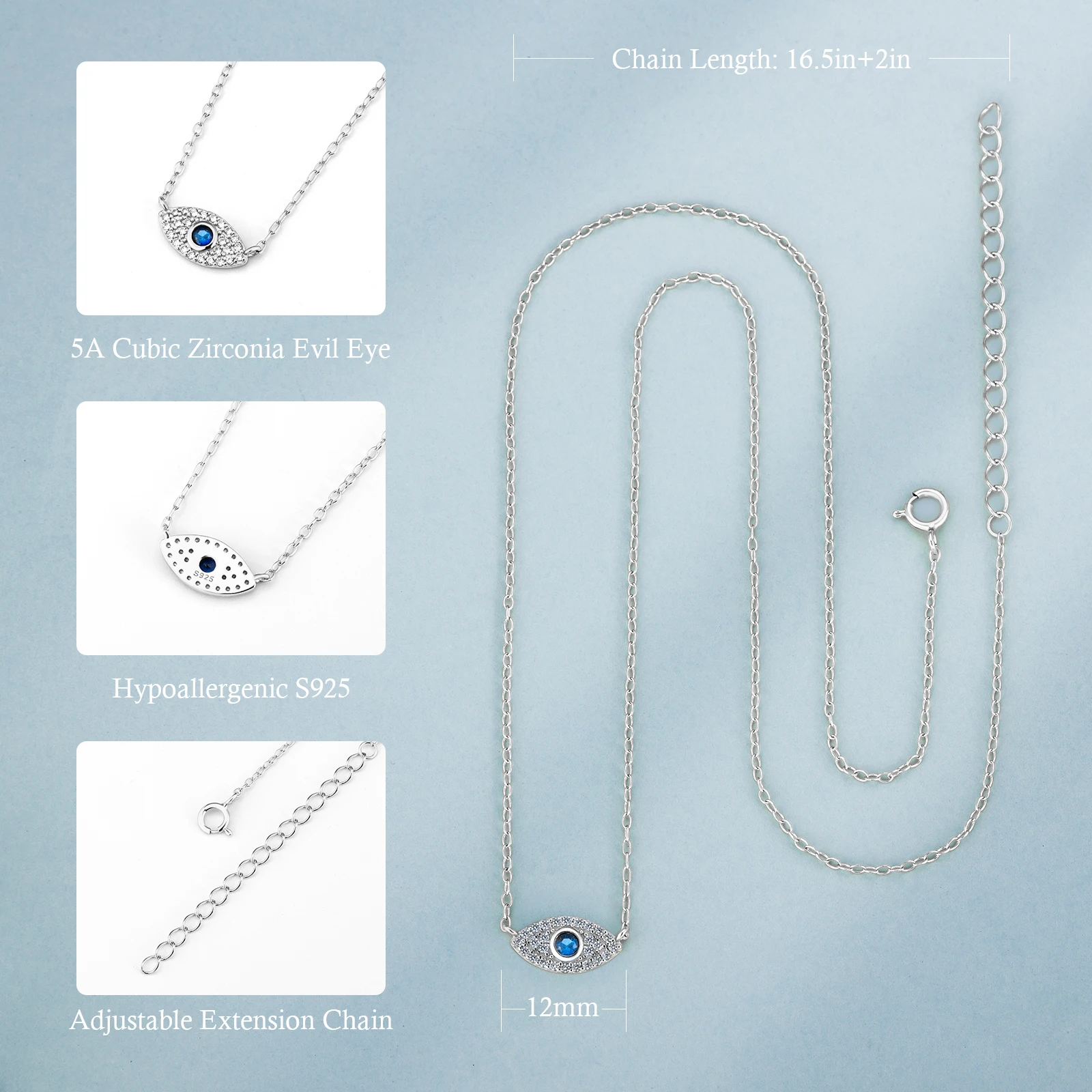 KRKC Evil Blue Eye 925 Sterling Silver Necklace with CZ Diamond