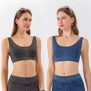 Vintage High- Denim Sports Bra Women V-neck Acid Washed Strapless Yoga Fitness Soft Support Compression Plus Size