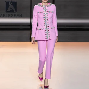 AELESEEN High Street Newest 2026 Designer Suit Set Women's Diamonds Beaded Jacket + Pencil Pants Office Ladies Career Set 2pcs
