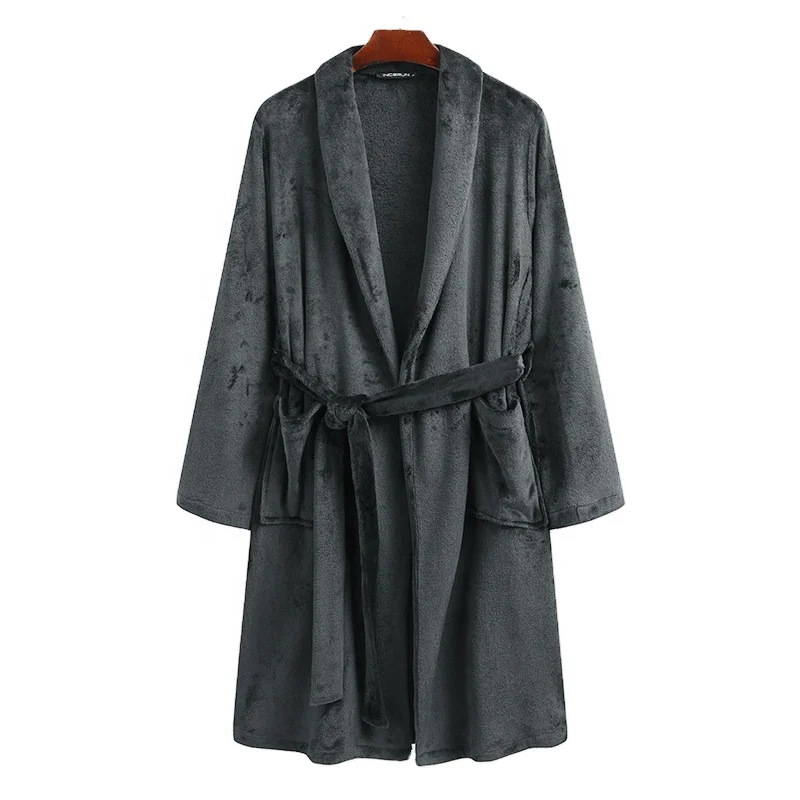 Fashion Fleece Men’s Sleep Robes Long Sleeve Homewear Autumn Winter Lapel Nightgown Solid Kimono Lace Up Mens Bathrobes
