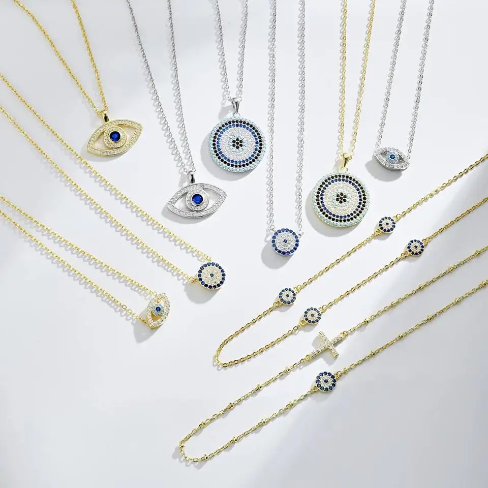 Pingente de Esmalte Epóxi Daidan Olho do Mal Hamsa Cruz Gargantilha Mão  Hamsa Zircônia Cúbica Prata 925 Colar Olho do Mal, image size:960x960