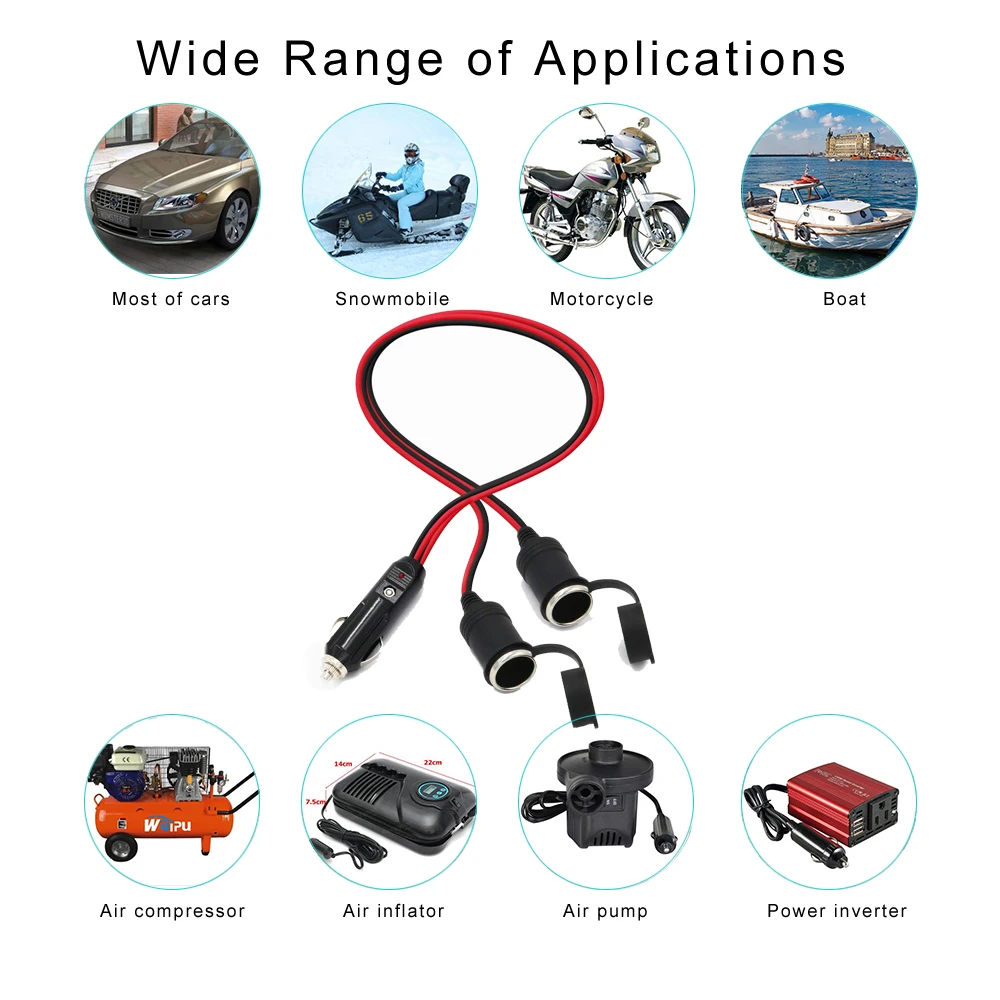 6Ft 2 Ways Car Cigarette Lighter Splitter Female Socket Power Plug 12V 24V Car Charger Adapter Extension Cable