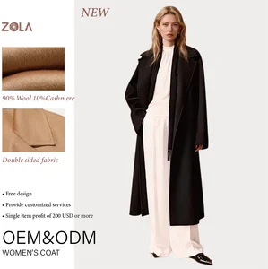 Hot Sale Handmade Long Woolen Winter Coat Double Sided Cashmere with Notched Collar Hidden Pocket Open Front Closure