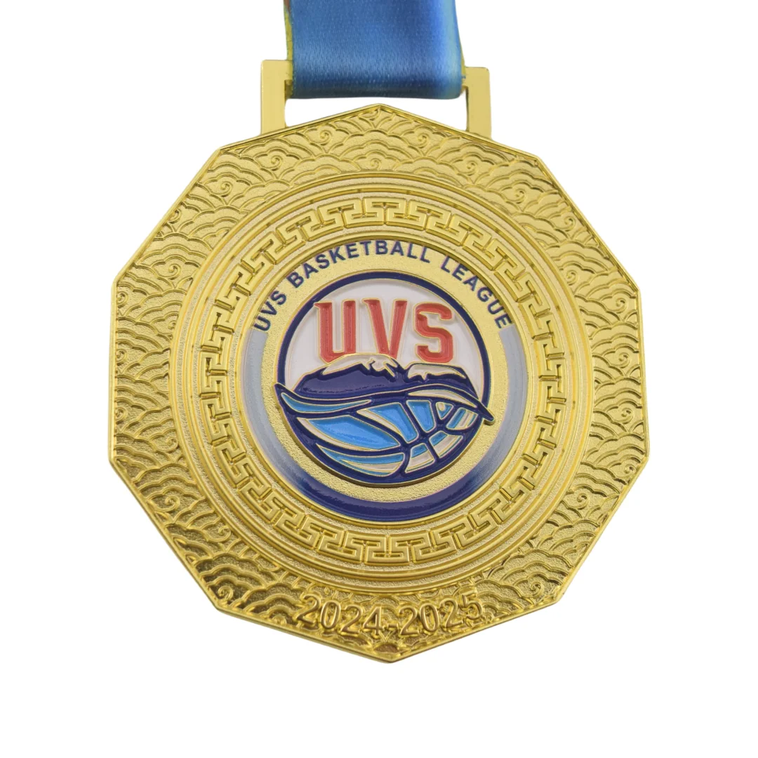 モンゴルUVSバスケットボールリーグメダルスポーツイベント用シャイニーゴールド3DレリーフUVスクリーン印刷