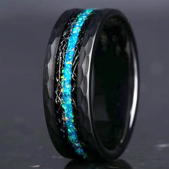 CHENG JEWELERS Wholesales 8MM Faceted Edge Engagement Bands Wood Blue Turquoise Stone Inlay Tungsten Carbide Rings for Men