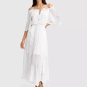 Modest Boho-chic Style Elastic Waistband Midi Dress With Solid off the Shoulder Ruffled Elegant Fit Women's Dresses
