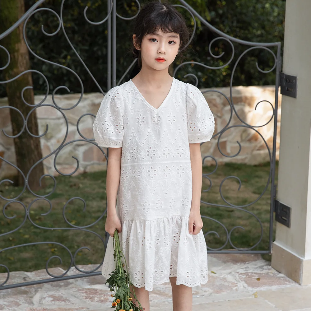 Girls White Cotton Loose Dresses Summer 8 10 years Korean style Sweet  Clothes Teenage Big Girl Dress