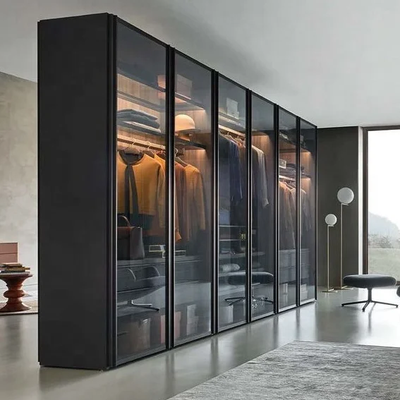 Wardrobe with Side Display Book Shelves Designs Aluminium Clear Glass Custom Modern Bedroom Furniture Walk in Closet Furniture
