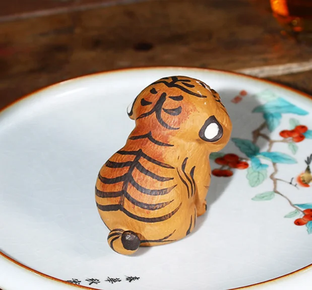 Handmade Ceramic Tiger Tea Pet With Gold Details - Small Feng Shui Decor For Tea Tray, Desk, Or Gift For Tea Lovers