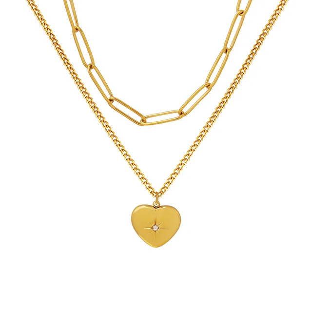 Stainless Steel 18K Gold Plated Double-Layer Heart & Starburst Pendant Necklace | Zircon Inlay | Luxury INS Style Jewelry