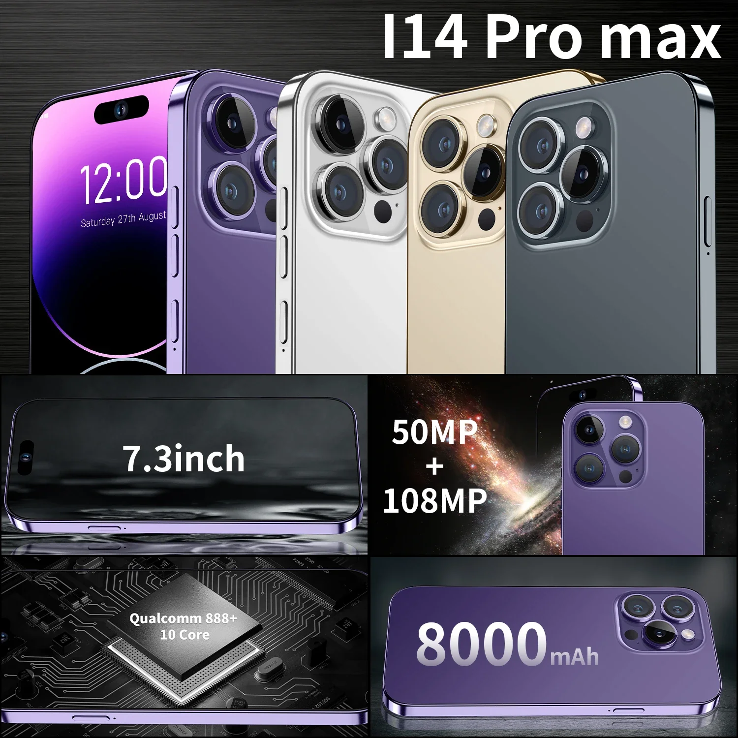 Original Smart Phone i14 Pro MAX Smartphones 16GB+512GB 5G LET Cellphones Large battery unlocked Dual SIM Android mobile phone