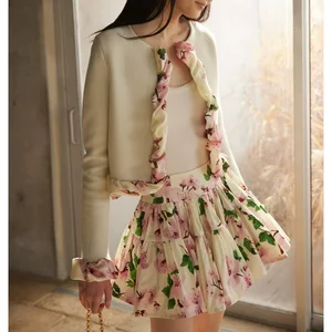 Own Factory Accept Customization Autumn Winter 2 Piece Set Women Luxury Pink Flower Printed Jacket + Mini Skirt Elegant Set