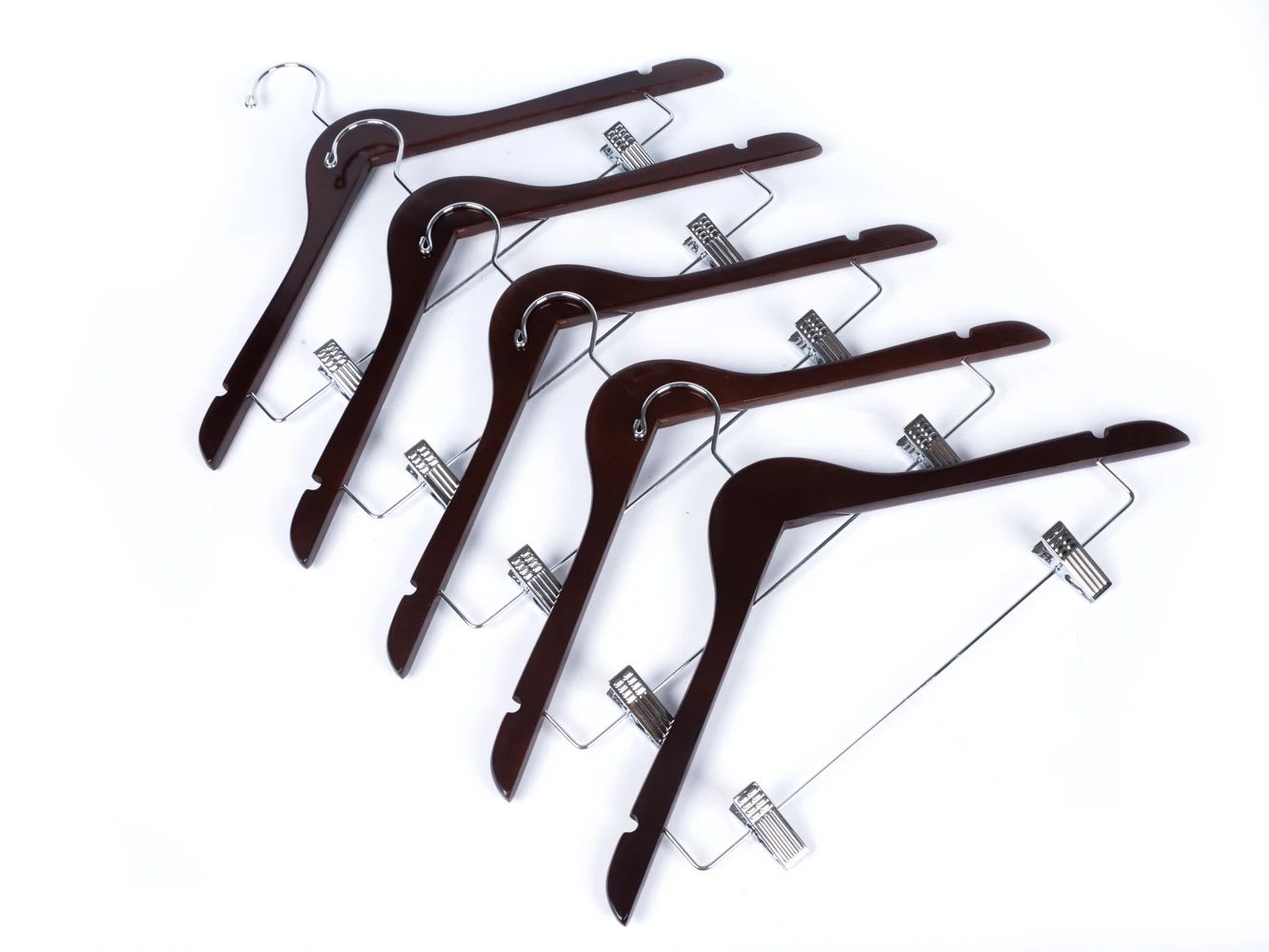 High Quality Custom  Clips Walnut Wooden Cloths Hangers with Chrome Hook