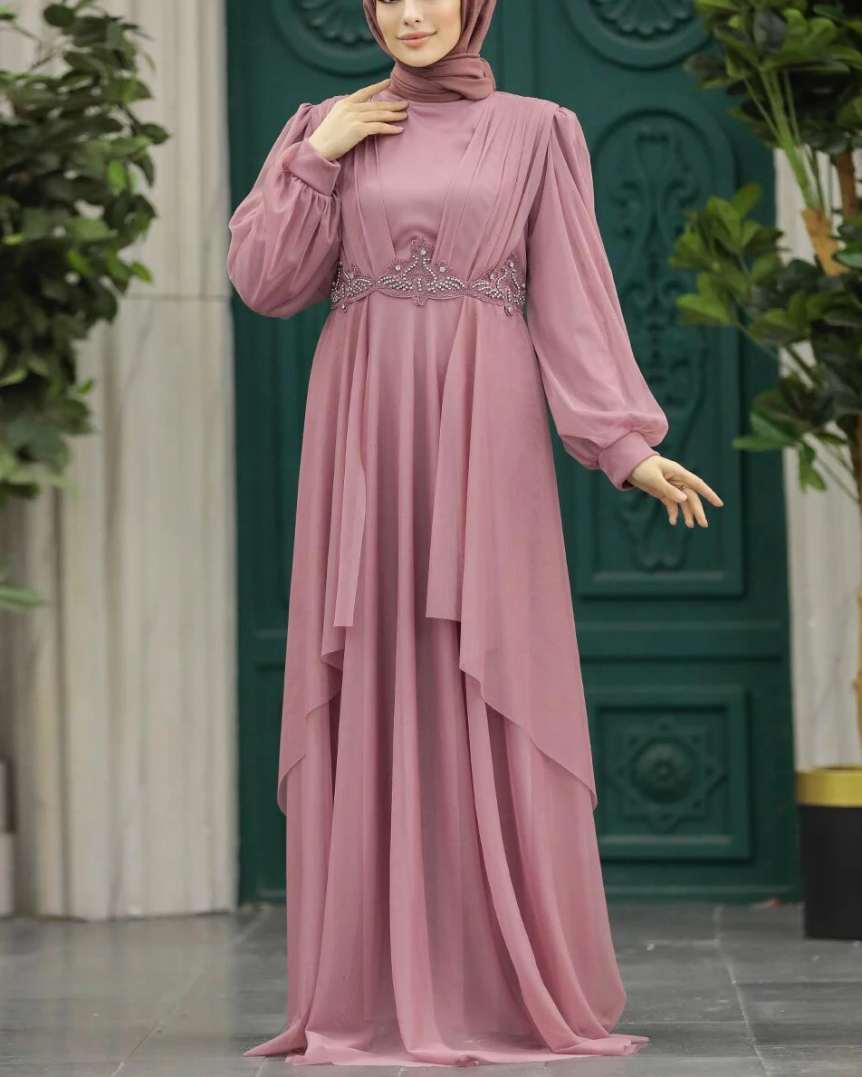 muslim prom dress Dark Blue Long Sleeve Velvet Hijab Clothing Evening Ottoman Caftan Loriya - Wholesale Long sleeve