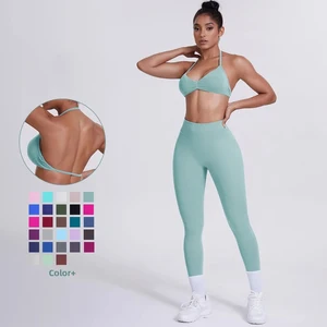 Women's Custom Front Logo Sports Bra Workout Leggings Set High Elastic Gym Fitness Seamless Breathable Eco-Friendly Lightweight
